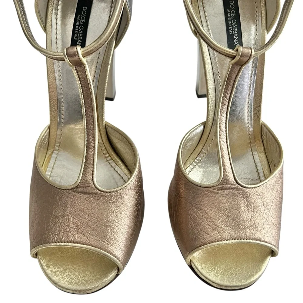 VTG Dolce & Gabbana D&G Leather Metallic T-Strap Peep Toe Mirror Block Heels - Picture 11 of 13